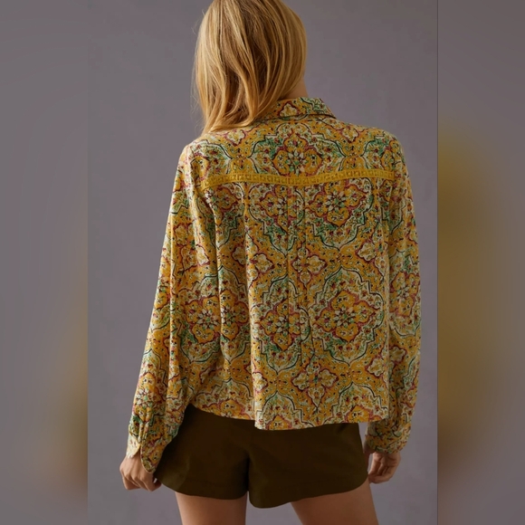 Anthropologie Yellow Printed Embroidered Puff Sleeve V-Neck Button-Up Blouse - Picture 4 of 12